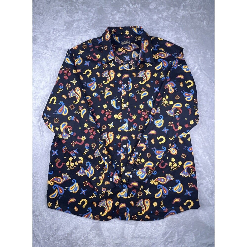 Cremieux Mens Large Premium Denim Shirt Black Paisley Button Up Long Sleeve